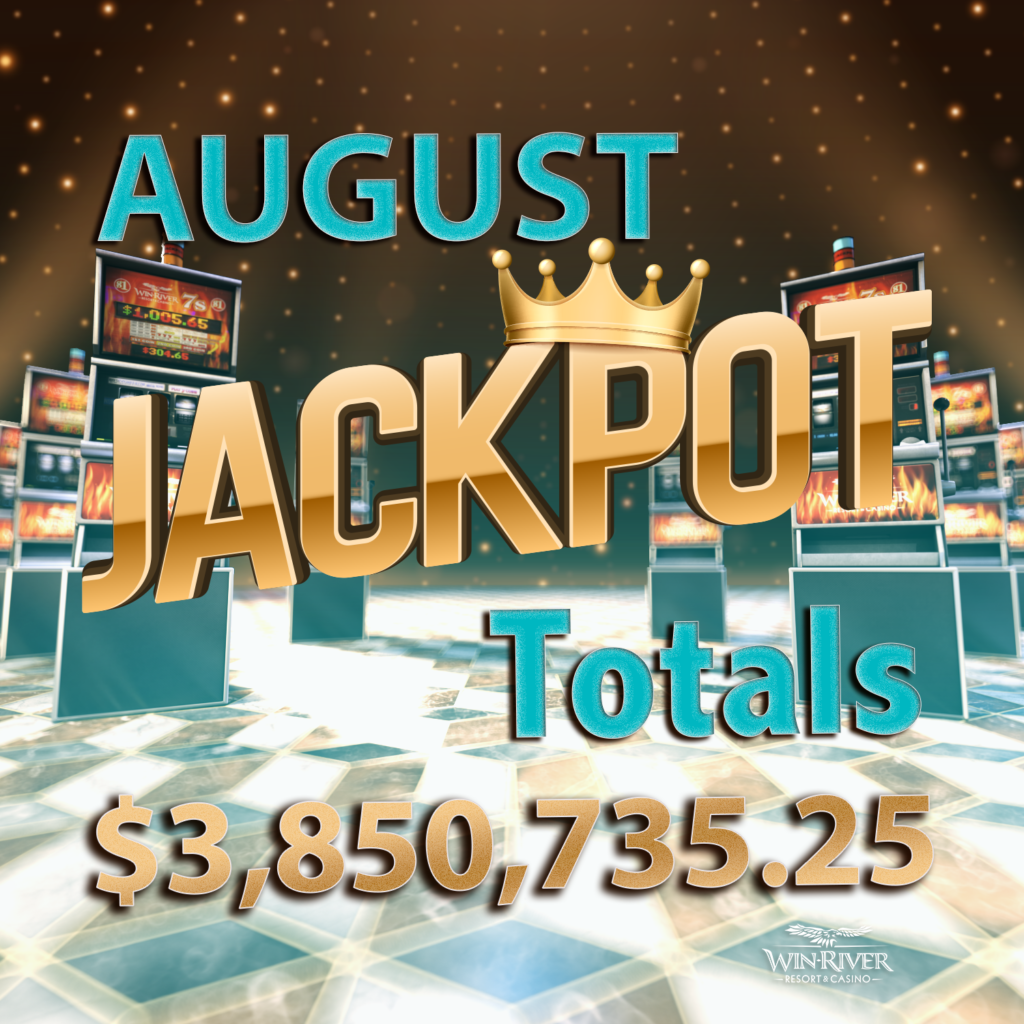 August 2023 Jackpot Totals with slot machines in the background.