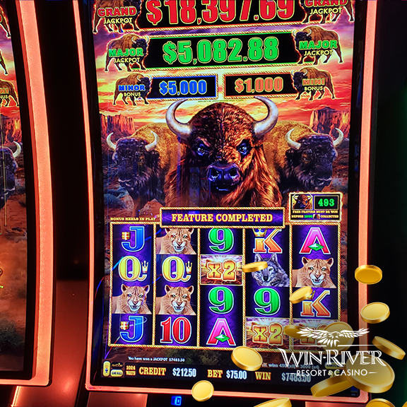 Photo of a slot machine, showing a jackpot win of $7,483