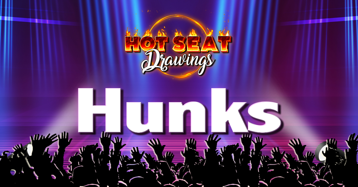 This image promotes a casino event called “Hot Seat Drawings: Hunks,” likely featuring prize drawings or giveaways tied to a themed entertainment experience. The fiery text, stage lights, and cheering crowd create a lively, concert-like atmosphere designed to excite and attract guests. The overall look suggests a fun, high-energy event centered around audience participation.