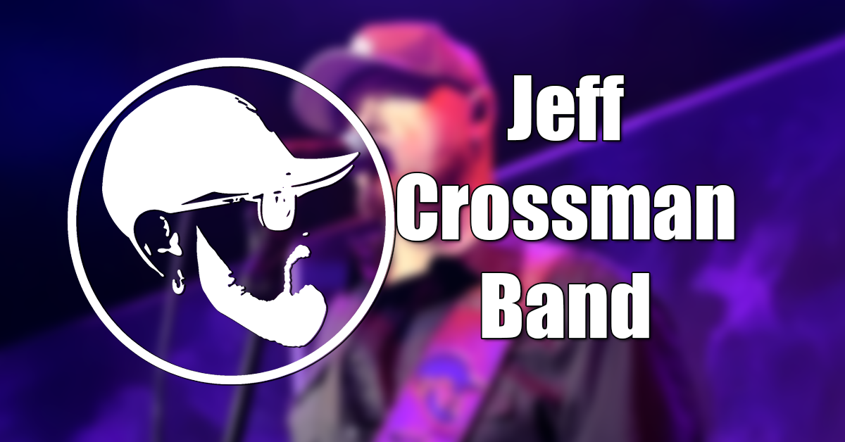 This image appears to be a promotional graphic for the Jeff Crossman Band. It features the band's name in bold white text alongside a stylized logo of a man's profile—likely Jeff Crossman himself—wearing a cap and sunglasses with a beard, all set against a blurred background of a live music performance. The overall purpose is likely to advertise the band for marketing, event promotion, or social media presence.