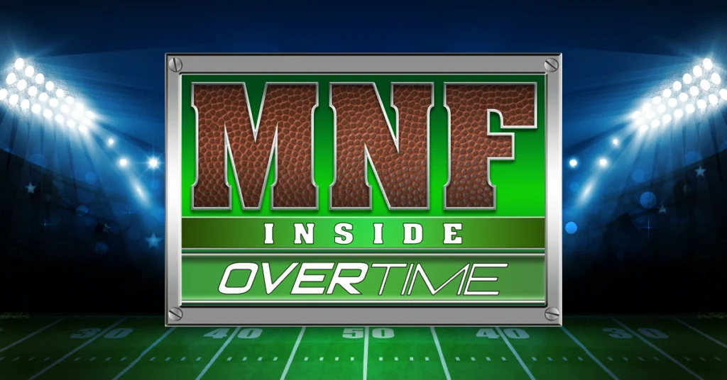 This image promotes a football-themed event or segment titled “MNF Inside Overtime.” The design features bold lettering with a football texture, set against a lit-up stadium backdrop, suggesting a high-energy atmosphere. It likely ties into Monday Night Football content or related promotions.