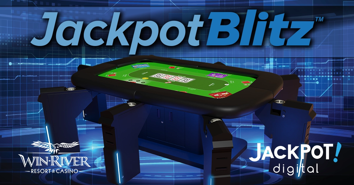 Player interacting with a Jackpot Blitz® dealerless electronic poker table featuring a large touchscreen interface, showcasing multiple games like Texas Hold'em, blackjack, and video poker in a modern casino setting.