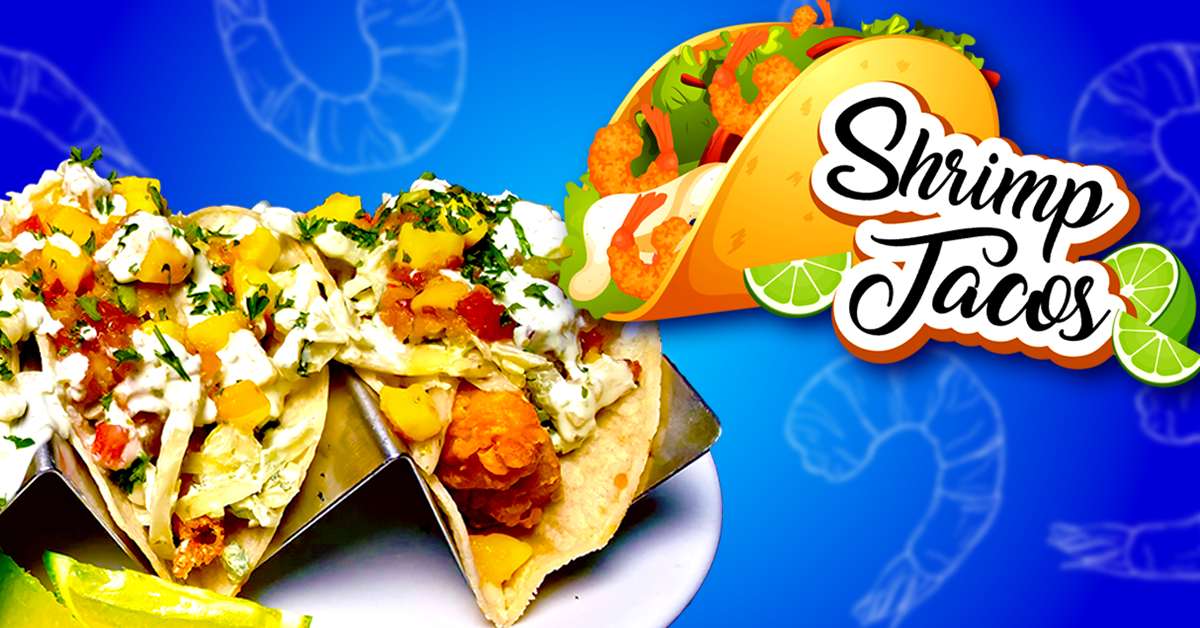 This image is designed to promote shrimp tacos, likely for a restaurant or food-related event. It features a vibrant, eye-catching background with both real and illustrated tacos to attract attention. The close-up of the shrimp tacos highlights their fresh ingredients, such as diced mango, lettuce, sauce, and herbs, appealing to viewers’ appetites. The colorful “Shrimp Tacos” text, paired with lime illustrations, reinforces the theme and makes it clear what is being advertised. Overall, the purpose is to entice customers and encourage them to try or purchase the featured dish.