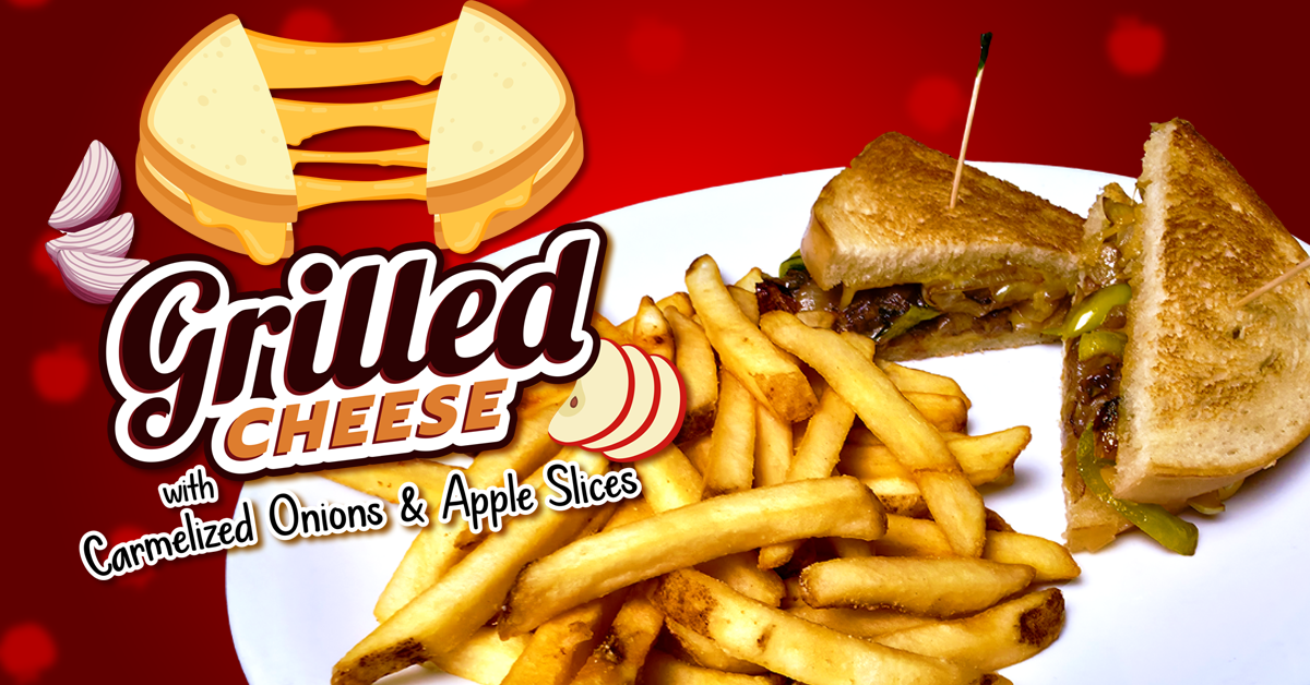 This image is promoting a grilled cheese special featuring caramelized onions and apple slices. The right side shows a plate with a golden, toasted grilled cheese sandwich cut in half, revealing the melted cheese, onions, and apple inside, served with a generous portion of crispy fries. The left side features bold, playful text and graphics of cheese, onion, and apple slices against a vibrant red background, making it visually appealing. The combination of appetizing imagery and colorful design is aimed at enticing viewers to try this unique twist on a classic comfort food.