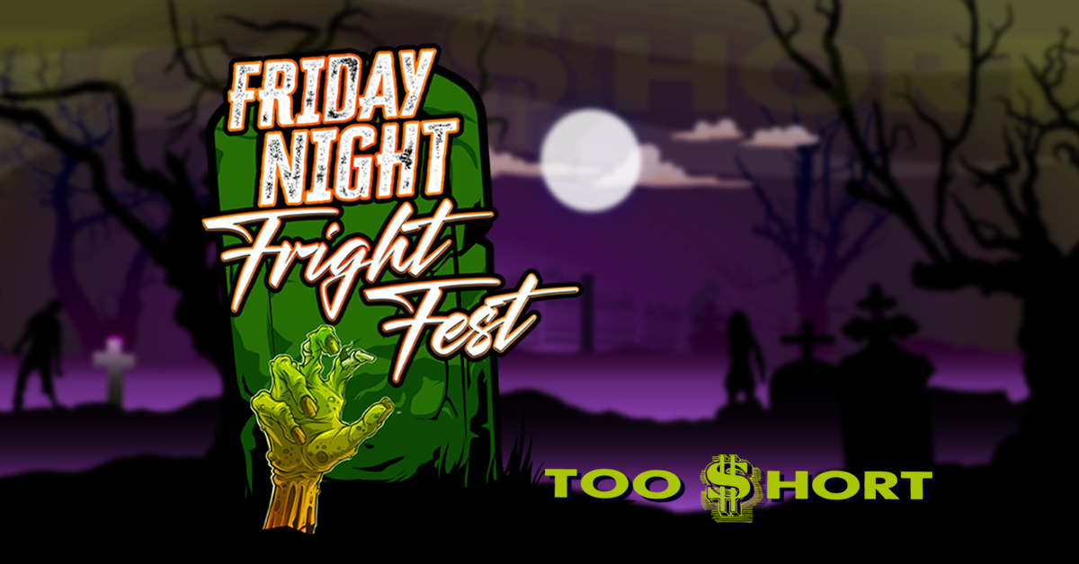 This image is a promotional graphic for a Halloween-themed event called Friday Night Fright Fest, featuring the artist Too $hort. The design uses a spooky graveyard scene with silhouettes of tombstones, barren trees, and shadowy figures against a purple night sky with a full moon. The event title appears on a large green tombstone with a zombie hand rising from the ground, emphasizing the horror theme. The overall style combines eerie imagery with bold, colorful typography to grab attention and convey a mix of fun and fright.