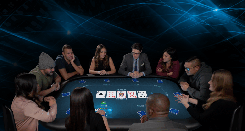 Player interacting with a Jackpot Blitz® dealerless electronic poker table featuring a large touchscreen interface, showcasing multiple games like Texas Hold'em, blackjack, and video poker in a modern casino setting.