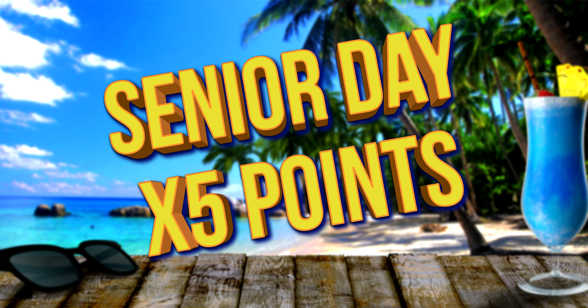This image is a promotional advertisement for a special event called "Senior Day", where participants can earn 5 times (x5) the points—likely part of a rewards or loyalty program. The background features a tropical beach setting with clear blue skies, palm trees, and a colorful cocktail, suggesting a relaxing and enjoyable experience. Sunglasses and a wooden table in the foreground add to the vacation-like atmosphere. The bold, eye-catching yellow and orange text emphasizes the key message of the promotion. The overall tone is festive and targeted toward seniors, likely encouraging them to take advantage of a limited-time offer or event.