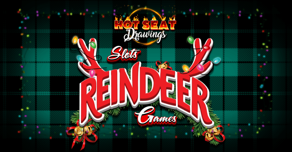 This image is a promotional graphic for a casino event titled “Hot Seat Drawings: Slots Reindeer Games.” It combines festive Christmas elements such as reindeer antlers, colorful holiday lights, evergreen branches, and bells to create a cheerful, seasonal atmosphere. The background features a dark green plaid pattern framed by string lights, enhancing the holiday theme. The image is likely intended to advertise a holiday-themed slot machine event or drawing, encouraging participation through its bold, eye-catching design.