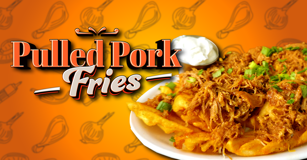This image is a promotional advertisement for a dish called “Pulled Pork Fries.” It features a vibrant orange background with subtle food-themed illustrations, giving it a fun and appetizing appeal. The bold, stylized text highlights the dish name, making it eye-catching and easy to read. On the right side, a close-up photo showcases crispy fries topped with shredded pulled pork, green onions, and a side of sour cream, emphasizing the dish’s rich flavors. The overall purpose is to attract attention and entice customers to try this hearty, flavorful menu item.