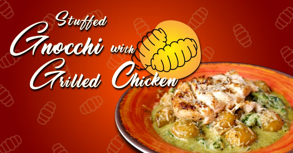 This image serves as a promotional advertisement for a dish called “Stuffed Gnocchi with Grilled Chicken.” The design features a warm orange background with stylized gnocchi illustrations, creating a cozy and appetizing feel. The dish itself is prominently displayed in the foreground, showcasing the creamy sauce, golden gnocchi, and grilled chicken to entice viewers. The elegant, script-style text highlights the dish name, making it visually appealing and easy to read. Overall, the image is intended to attract customers and promote this menu item as a flavorful, comforting meal option.