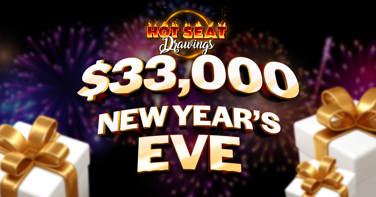 This image is an announcement for a promotional event called “Hot Seat Drawings,” featuring a large prize total of $33,000. The text highlights that the event will take place on New Year’s Eve, suggesting a celebratory or festive theme. Fireworks in the background and gift boxes with gold ribbons reinforce the holiday atmosphere. Overall, the image is designed to attract attention and promote participation in the event.