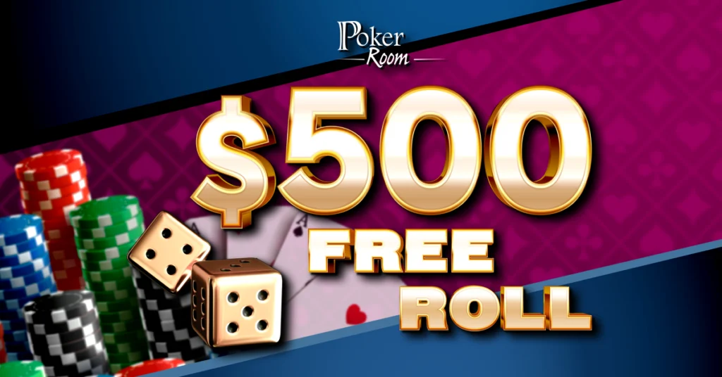 This image is an advertisement for a poker event or promotion. It prominently features large golden text reading “$500 FREE ROLL,” indicating that participants can enter a poker tournament or game for free with a $500 prize pool. The background includes poker chips, dice, and playing cards, emphasizing the gambling theme. The words “Poker Room” at the top suggest that this event takes place in a casino or an online poker platform. The overall design aims to attract players by highlighting the opportunity to win money without an entry fee.