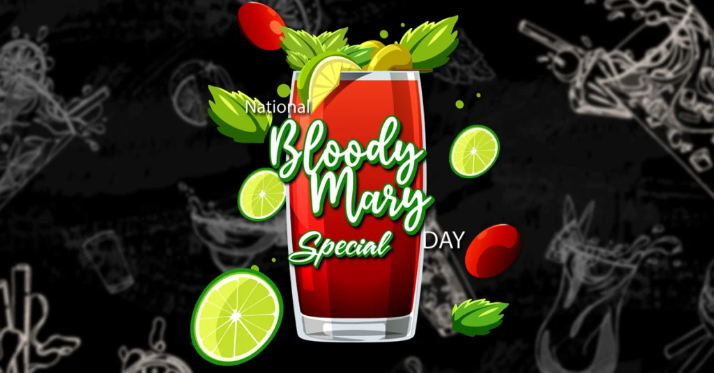 This image promotes National Bloody Mary Day, a celebration dedicated to the iconic cocktail. The design highlights a Bloody Mary drink, garnished with lime, tomatoes, and fresh greens, visually emphasizing its ingredients. The bright, playful text "National Bloody Mary Special Day" encourages people to enjoy this classic drink, likely in a special way, such as discounts or themed events. The background hints at a lively bar or party atmosphere, making it clear that it's a fun occasion for cocktail enthusiasts.