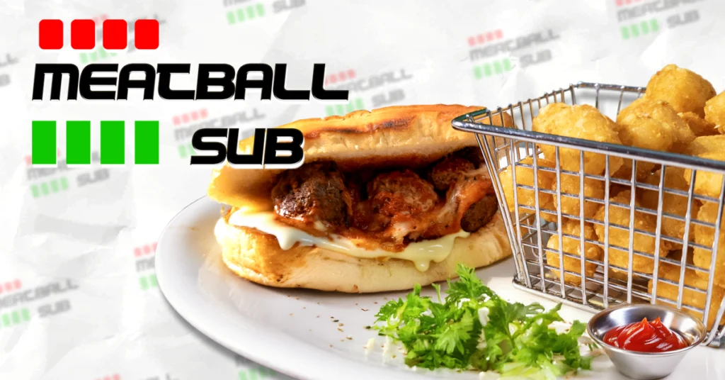 This image is an advertisement highlighting a Meatball Sub as a featured food item. It showcases a close-up of the sandwich along with a side of crispy tater tots to make the meal look appealing. Bold, stylized text and colored block graphics draw attention to the name of the dish. The overall purpose is to promote this menu item—likely as part of a special or weekly offering—and entice viewers to purchase it.