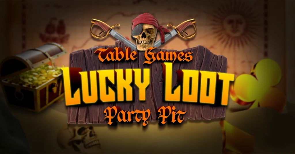 The purpose of this image is to promote a themed entertainment or gaming event called “Table Games Lucky Loot Party Pit.” It uses pirate imagery—such as a skull, crossed swords, treasure chest, and gold coins—to create a sense of adventure, excitement, and reward. The bold lettering and dramatic design are meant to grab attention and suggest fun, high-energy activities centered around table games. Overall, the image functions as a visual advertisement to attract viewers and set the theme and mood of the event.