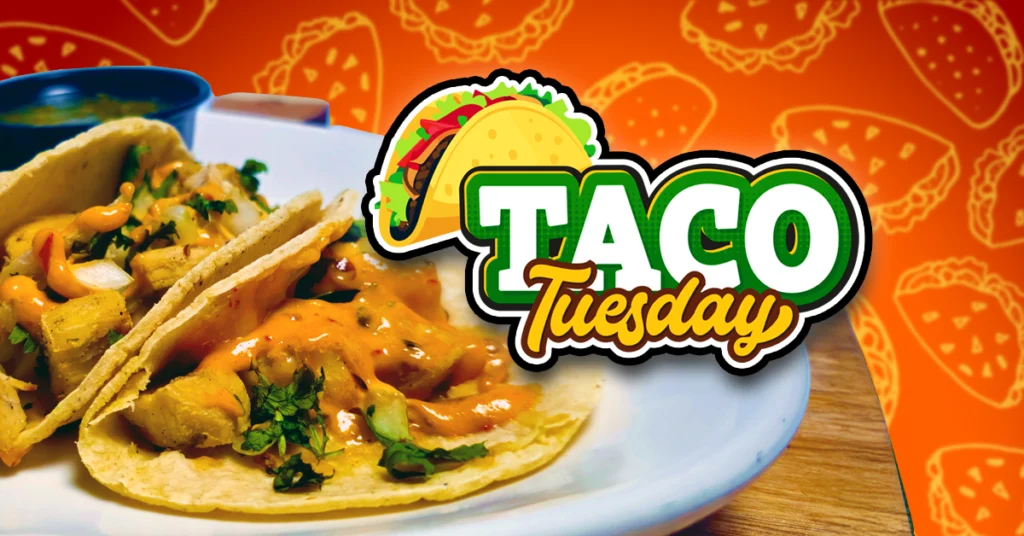 This image is an advertisement promoting a “Taco Tuesday” special. It features a close-up of flavorful tacos on a plate to entice viewers with a visual of the food being offered. Bold, colorful text and a cartoon taco graphic emphasize the theme and make the promotion eye-catching. The bright orange background with taco illustrations reinforces the festive, food-focused message. The overall purpose is to encourage customers to enjoy tacos on Tuesdays as part of a weekly special.