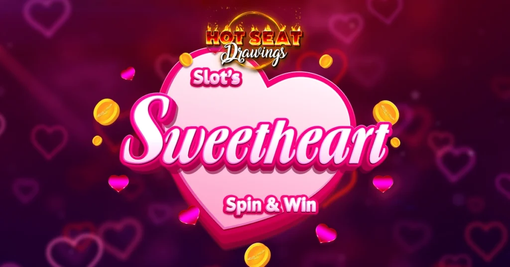 This image is designed to promote a themed slot game or casino-style event called “Slot’s Sweetheart Spin & Win,” connected to a “Hot Seat Drawings” feature. Its purpose is to attract attention and create excitement using bright colors, hearts, and coins that suggest rewards and winning opportunities. The romantic “sweetheart” theme implies a limited-time or special promotion, likely tied to a holiday or event. Overall, the image functions as a marketing graphic meant to encourage viewers to notice and engage with the game or promotion.